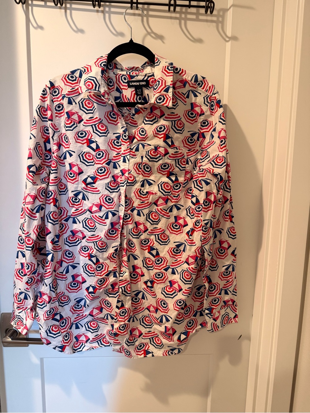 Lands' End Women’s White Geo-Print Button-Up Shirt - Red & Blue
